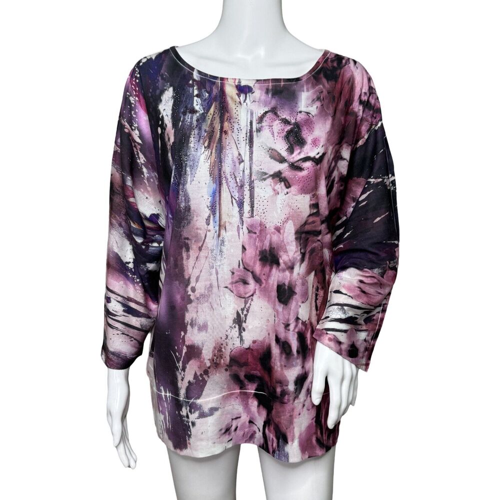 Chicos Shirt Womens Large Purple White Abstract Watercolor Beaded Tunic‎ Casual